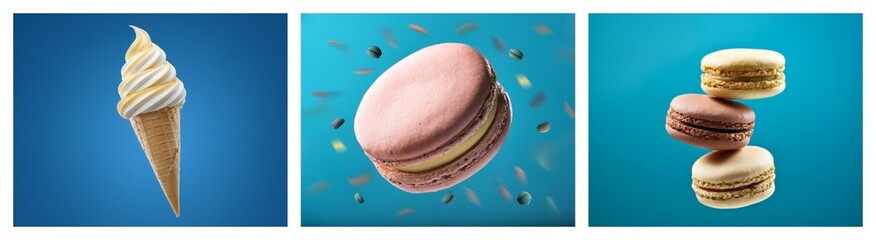 Poster - Sweet treats: ice cream cone, single macaron, and stacked macarons on a blue background.  A delectable dessert image.