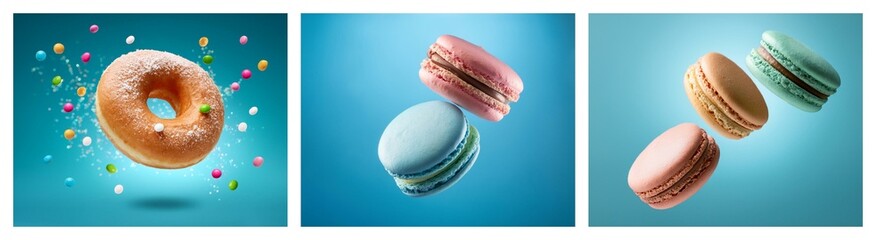 Poster - A vibrant image showcasing a donut and macarons floating against a blue backdrop.  Sweet treats suspended in mid-air, creating a whimsical and appetizing scene.