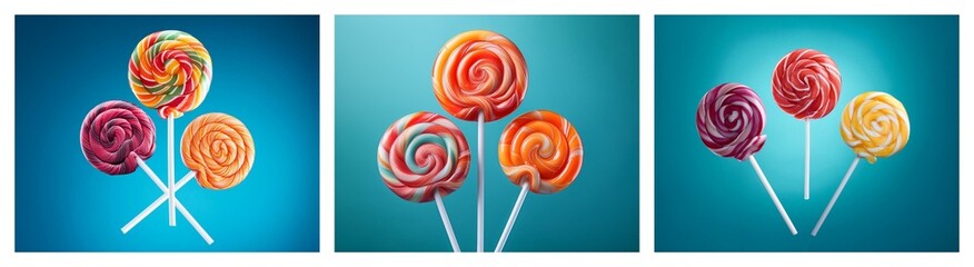 Poster - A vibrant trio of images showcases colorful swirled lollipops on a teal background.  Each arrangement features lollipops with unique color combinations, creating a cheerful and sweet visual.