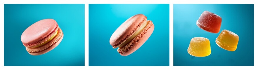 Aufkleber - Floating pink macarons and colorful jelly candies against a vibrant blue background.  A delectable and playful image of sweet treats.