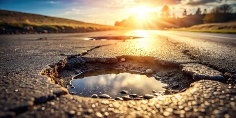 Poster - A pothole filled with water reflects the golden rays of a setting sun on a cracked asphalt road