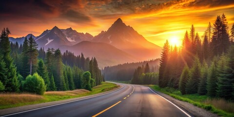 Poster - A winding asphalt road through a dense forest, leading towards majestic mountain peaks bathed in the golden glow of a breathtaking sunrise.