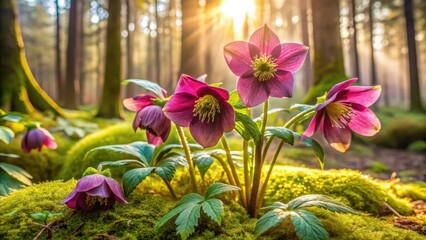 Poster - Pink Flowers Bloom in the Woodland, Bathing in the Golden Light of the Rising Sun