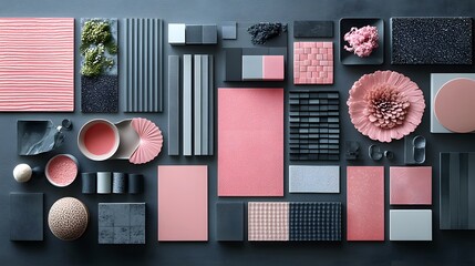 Poster - Wideangle shot of creative layout with textiles pink black and grey paint samples tiles and panels designed as a modern interior moodboard with copy space for branding Template