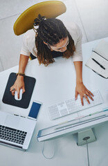 Aufkleber - Top view, creative and business woman on computer for research, review or content writing. Above, startup and working at desk for project proposal, article and story for blog on social media platform