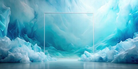 Aufkleber - A silver frame stands against a background of abstract blue and white ice formations, creating a surreal and minimal scene.