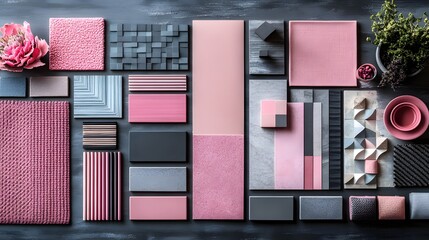 Poster - Wideangle shot of creative layout with textiles pink black and grey paint samples tiles and panels designed as a modern interior moodboard with copy space for branding Template