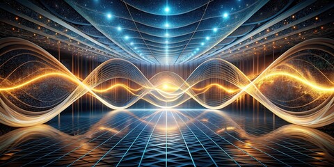 Fototapete - Abstract digital space with flowing light waves and a shimmering grid floor