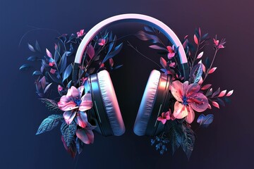 Wall Mural - Vibrant floral headphones featuring colorful flowers and leaves, symbolizing the fusion of music and nature Perfect for artistic and seasonal projects