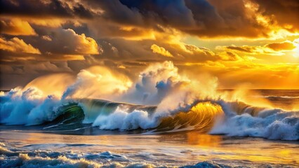 Aufkleber - Golden Hour Waves Crashing on a Serene Shoreline, Reflecting the Warmth of the Setting Sun