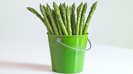 Wall Mural - The pile of vibrant green asparagus in a matching bucket, symbolizing fresh and organic farming practices.