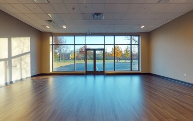 Canvas Print - Empty modern room with large window and hardwood floor.