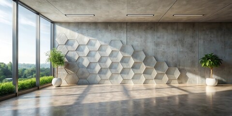 Aufkleber - A Minimalist Concrete Room with a Hexagon Wall and Sunlight Streaming Through Large Windows