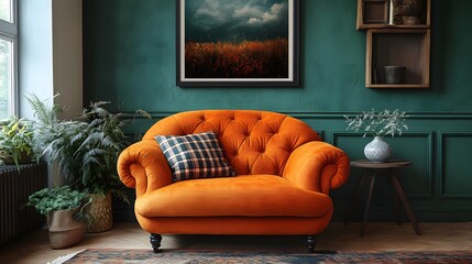 Poster - Wideangle view of warm living room showcasing a stylish red armchair a vibrant plaid and decorative accessories with a mockup poster frame providing space for personalized decor Template