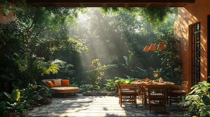 Fototapete - Wideangle view of inviting terrace featuring garden furniture a beautifully arranged table with tableware and lush plants illuminated by natural light through a big window Template