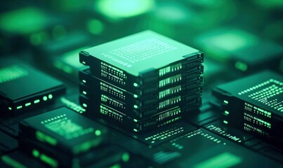 Poster - Glowing Digital Cloud Server Stack with Binary Code Background