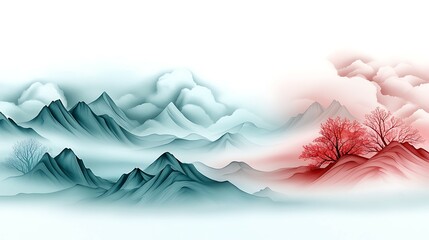 Wall Mural - serene landscape featuring misty mountains and vibrant red trees, blending tranquility with subtle c
