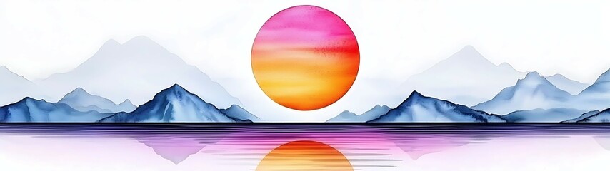 Wall Mural - vibrant sunset over tranquil mountains reflected in water, showcasing warm hues of pink, orange, and