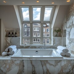 Poster - Wide view of glamorous bathroom with marble panels a center bathtub and neatly placed towels and accessories A roof window highlights the luxurious design with natural light filling the space