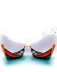 Wall Mural - two colorful boats face each other on calm water, surrounded by a misty atmosphere, creating a seren