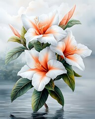 Wall Mural - Beautiful white lilies with orange accents, floating on calm water, surrounded by a misty atmosphere. Beautiful pastel watercolor pictures concept