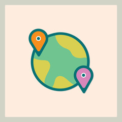 Poster - Worldwide Connection Icon with Earth and Location Pins in Flat Design, Minimalist Vector Illustration