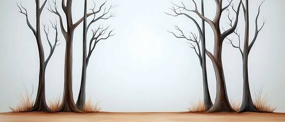 Wall Mural - Bare trees stand against a light background, creating a minimalist landscape with a hint of autumn leaves on the ground. Beautiful pastel watercolor pictures concept