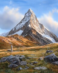 Wall Mural - Majestic mountain peak surrounded by rugged terrain and greenery, illuminated by soft sunlight under a blue sky with clouds. Beautiful pastel watercolor pictures concept