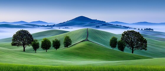 Wall Mural - lush green hills with silhouetted trees under a serene blue sky create a tranquil landscape at dawn.