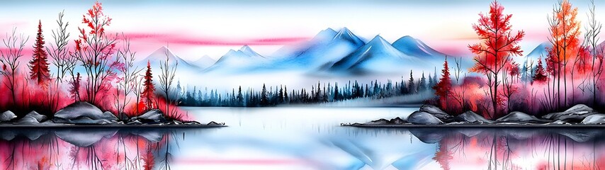 Wall Mural - Vibrant landscape featuring mountains, a calm lake, and colorful autumn trees reflecting in the water under a serene sky. Beautiful pastel watercolor pictures concept