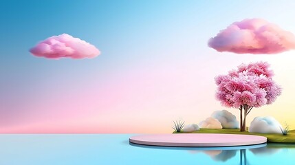 Wall Mural - a serene landscape featuring a pink tree, fluffy clouds, and a calm body of water during sunset, cre