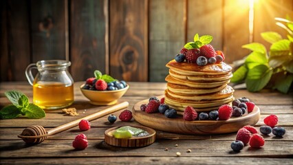 Poster - A Rustic Table Setting Featuring a Stack of Pancakes Topped with Fresh Berries, a Pitcher of Honey, and a Wooden Honey Dipper