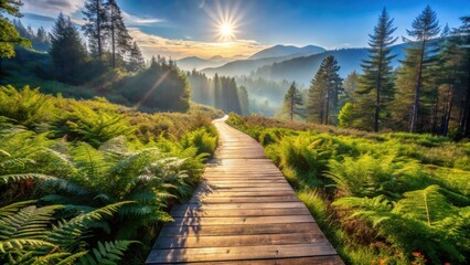 Poster - A wooden path winds through a lush green forest, bathed in the warm glow of the setting sun, leading towards a misty mountain range in the distance.