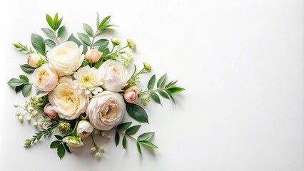 Poster - A delicate arrangement of soft white roses and lush green foliage against a pristine white background, creating a serene and elegant composition.