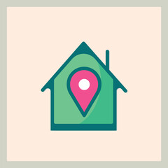 Poster - Home icon with a location marker inside a simplified house design concept image