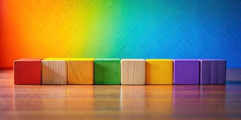 Aufkleber - A row of brightly colored wooden blocks arranged in a rainbow pattern on a wooden surface with a blurred rainbow background.