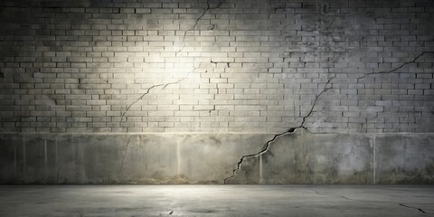 Aufkleber - A dimly lit, cracked brick wall with a concrete base and a paved floor, illuminated by a single light source.