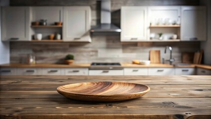Poster - Rustic Wooden Plate on a Countertop in a Modern Kitchen with White Cabinets