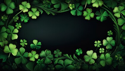 border frame green clovers on black background with copy space; st patrick's day holiday concept