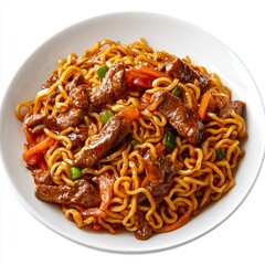 Wall Mural - Delicious Stir-Fried Noodles with Tender Beef, Colorful Vegetables, and Savory Sauce Served in a White Dish