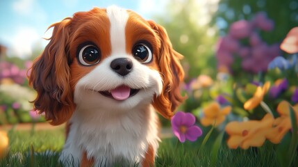 Wall Mural - Cavalier king charles spaniel puppy sitting in the garden