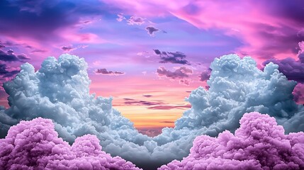 Wall Mural - Vibrant sunset sky with fluffy clouds in shades of pink, blue, and purple, creating a serene and picturesque atmosphere. calming rhythms serenity patterns concept