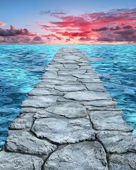 Wall Mural - a stone pathway leads into a vibrant ocean at sunset, with colorful clouds reflecting on the water's