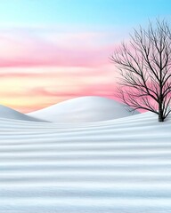 Wall Mural - serene winter landscape featuring snow-covered hills, a solitary tree, and a pastel sunset sky. calm