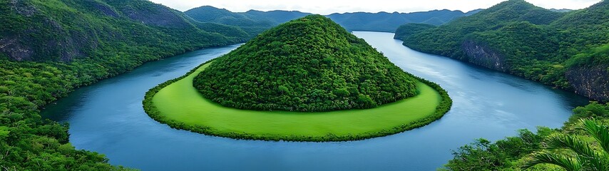 Wall Mural - Lush, green island surrounded by a winding river and mountains, creating a serene and picturesque landscape. calming rhythms serenity patterns concept