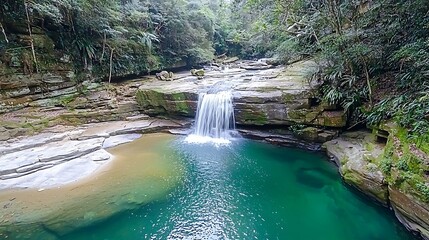 Wall Mural - A serene waterfall cascading into a tranquil pool, surrounded by lush greenery and rocky terrain, creating a peaceful natural landscape. calming rhythms serenity patterns concept