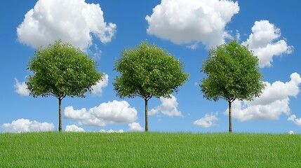 Wall Mural - lush greenery with three trees under a bright blue sky filled with fluffy clouds, creating a serene 