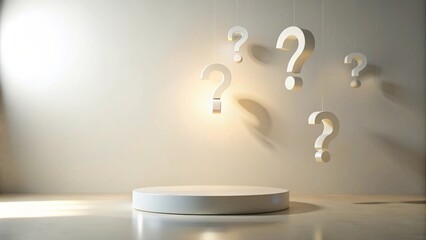 Aufkleber - A circular platform sits beneath a series of hanging question marks, casting shadows on a pale wall, illuminated by a soft, warm light.