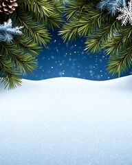 Wall Mural - snowy landscape framed by pine branches, with falling snowflakes against a deep blue background, cre