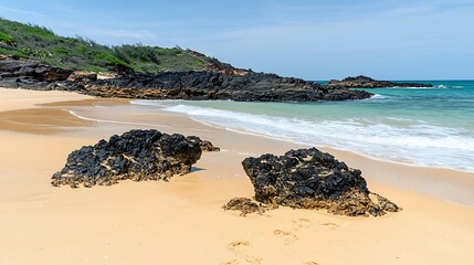 Wall Mural - scenic beach view with gentle waves, black rocks, and lush greenery in the background under a clear 